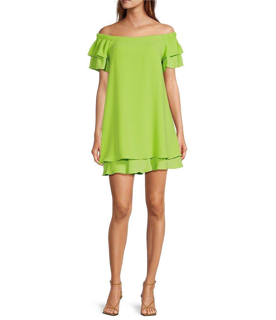 Trina Turk Piper Silky Satin Back Crepe Off-The-Shoulder Ruffle Sleeve A-Line Dress Product Image