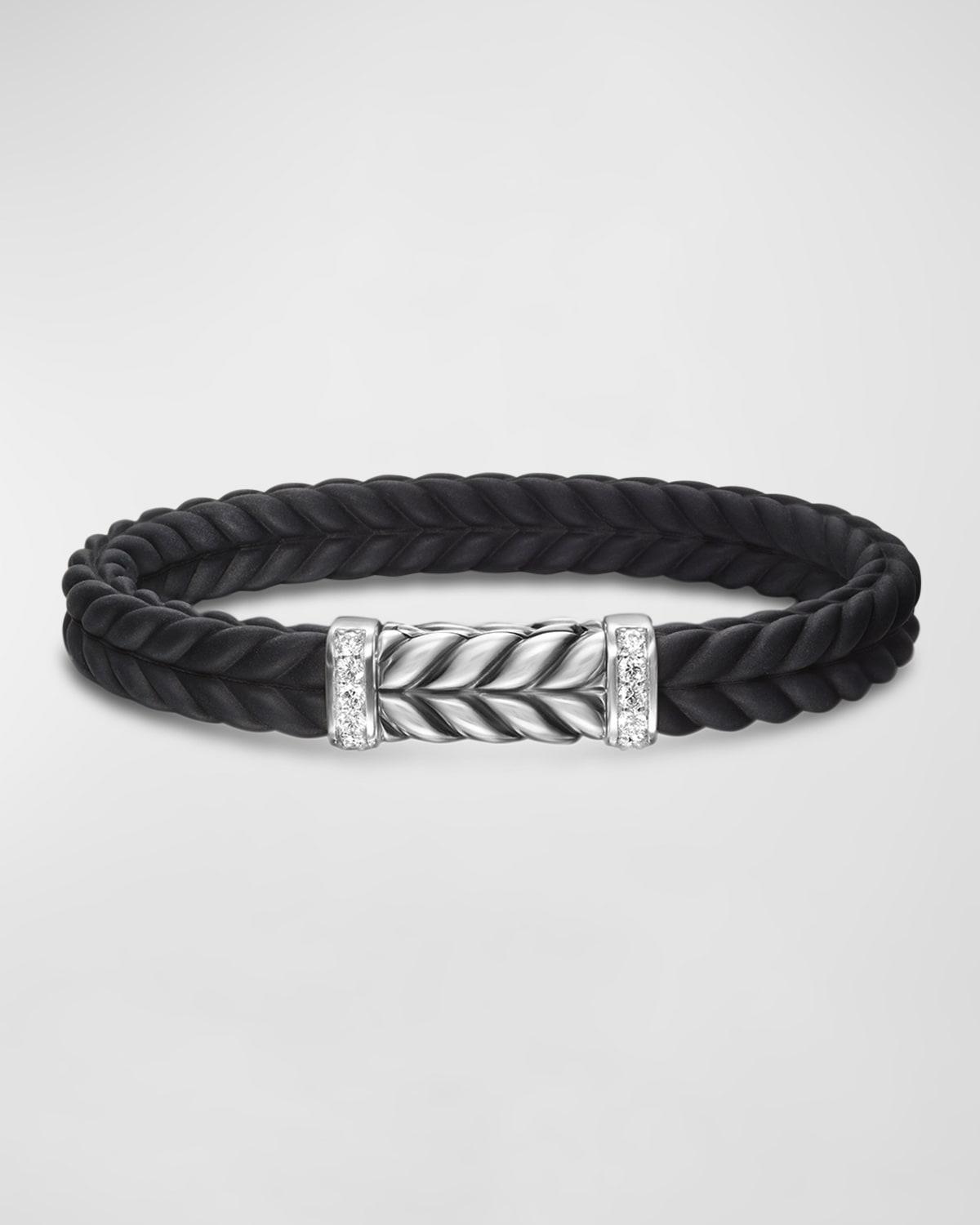 Men's Chevron Black Rubber Bracelet with Silver and Diamonds, 9mm Product Image