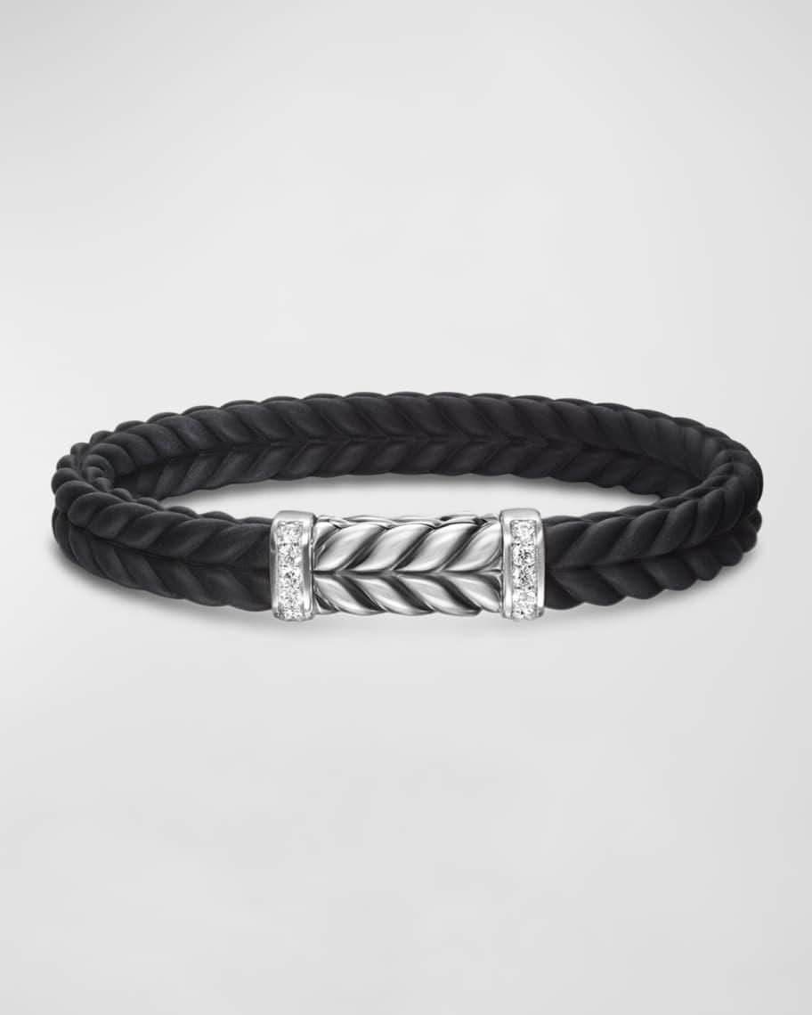 Men's Chevron Black Rubber Bracelet with Silver and Diamonds, 9mm Product Image