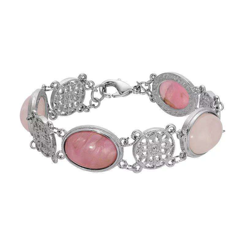 1928 Silver Tone Pink & Light Pink Beads Filigree Bracelet, Womens Product Image