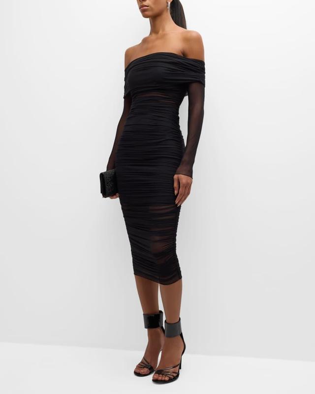 Isadola Off-Shoulder Mesh Ruched Midi Dress Product Image