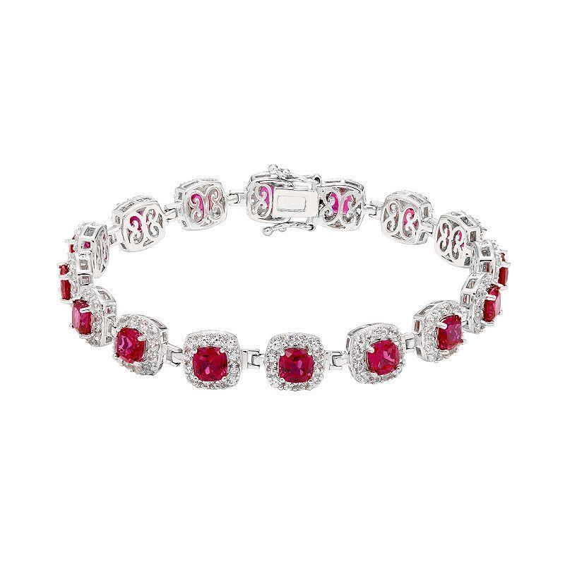 Sterling Silver Lab-Created Ruby & White Sapphire Halo Bracelet, Womens Red Product Image