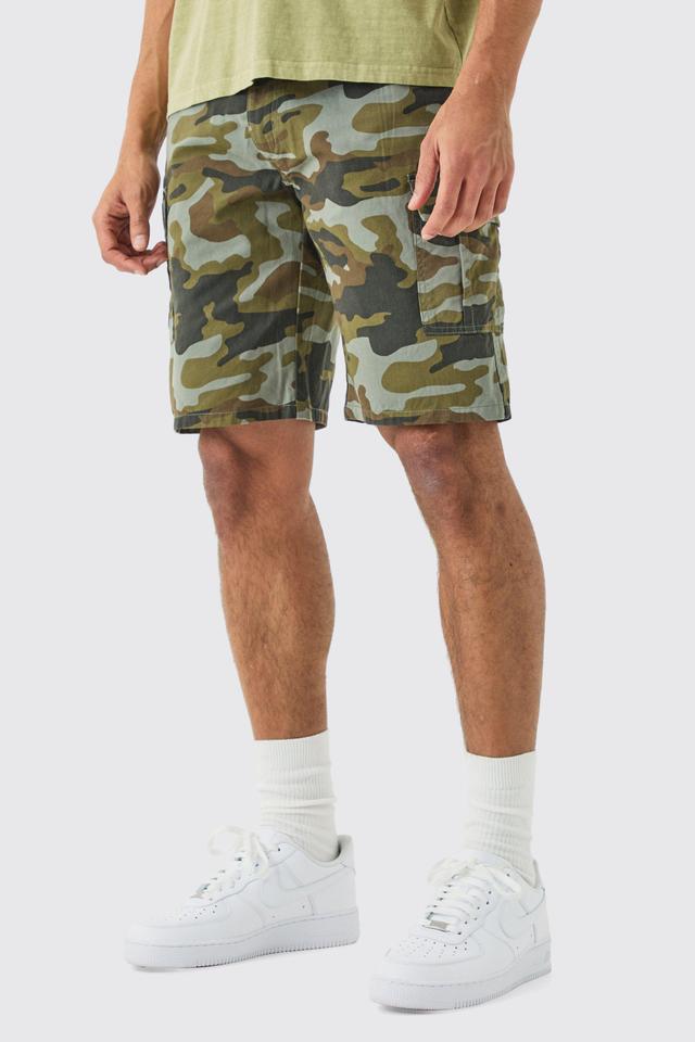 Camo Fixed Waist Relaxed Cargo Shorts | boohooMAN USA Product Image