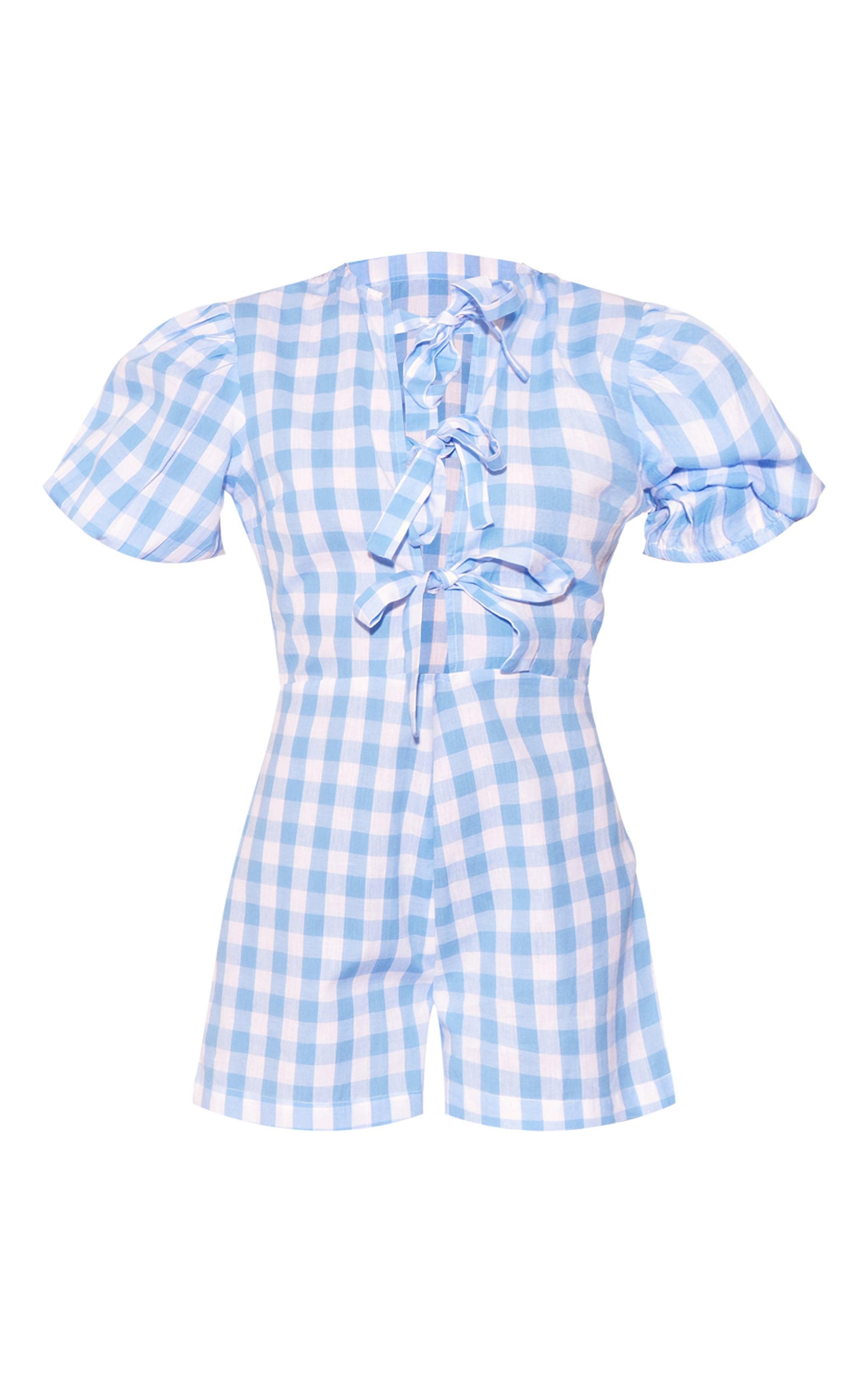 Blue Gingham Print Linen Tie Front Short Sleeve Romper Product Image