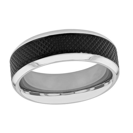 Men's 8.0mm Satin Quilt Pattern Inlay Beveled Edge Comfort-Fit Wedding Band in Stainless Steel and Black IP (1 Line) Product Image