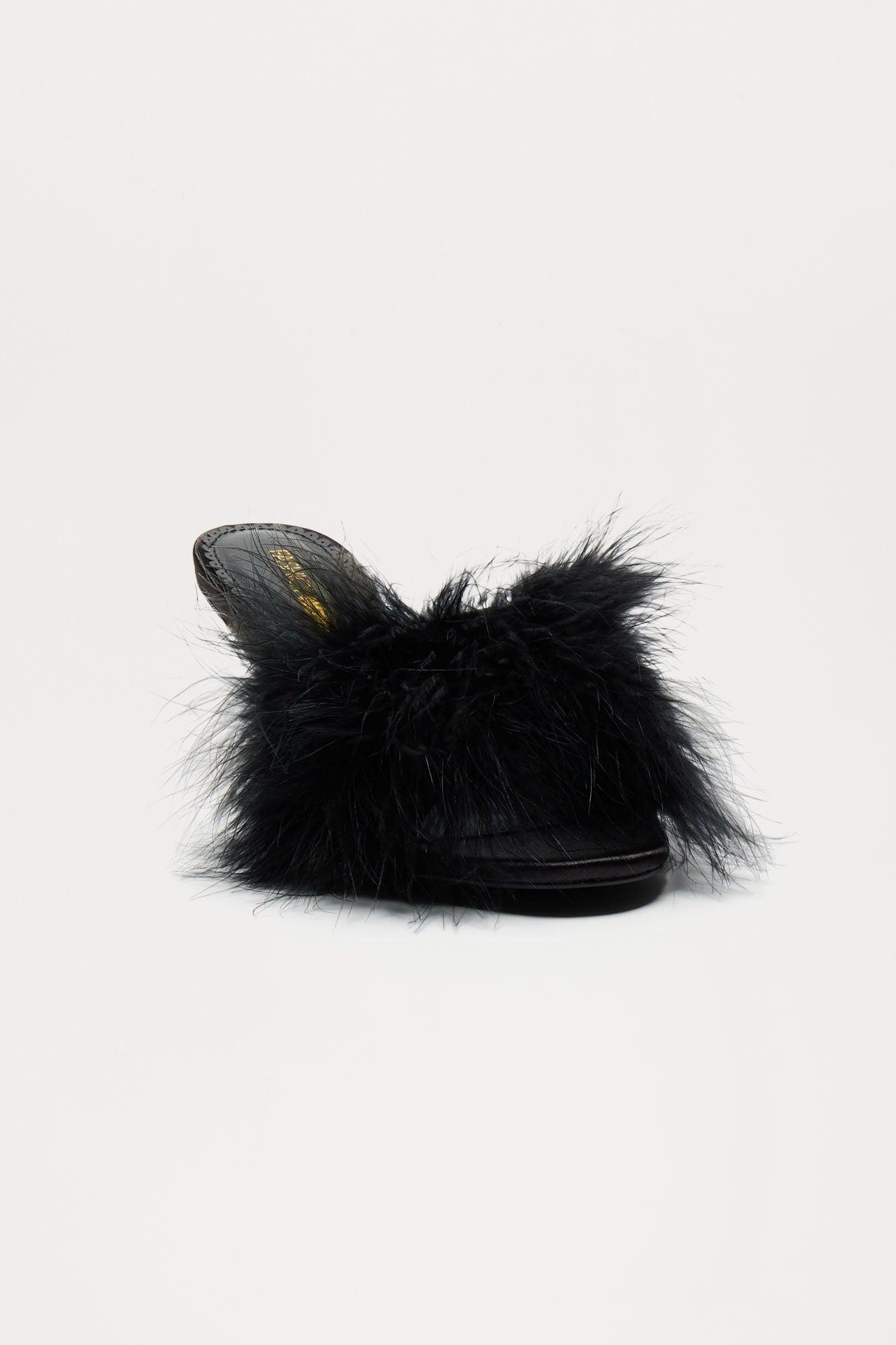 Fluffy Feather Kitten Heels - Black Product Image