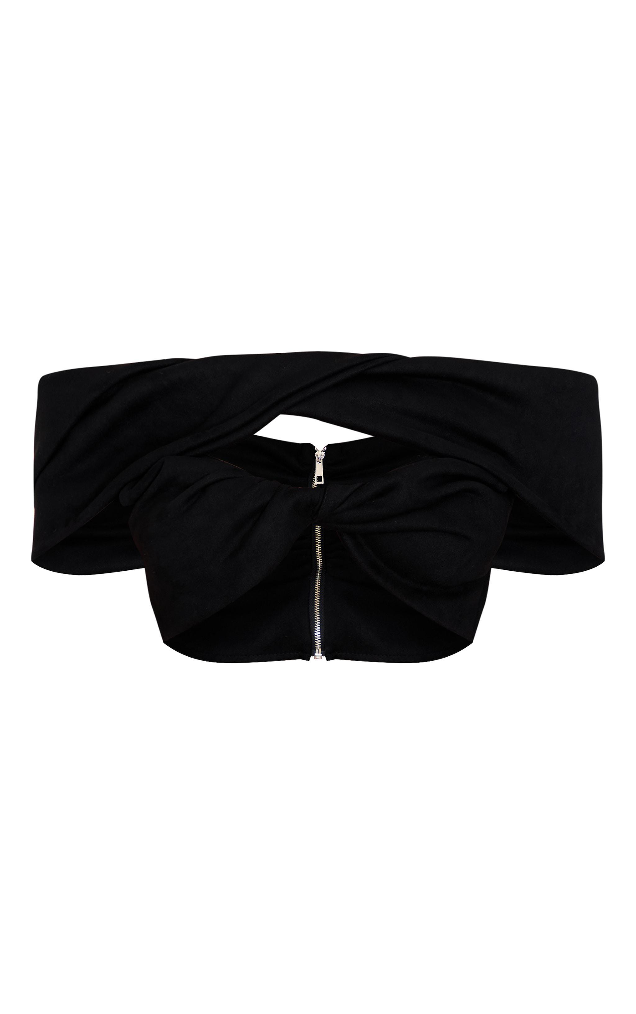 Black Faux Suede Ruched Twist Off The Shoulder Crop Top Product Image