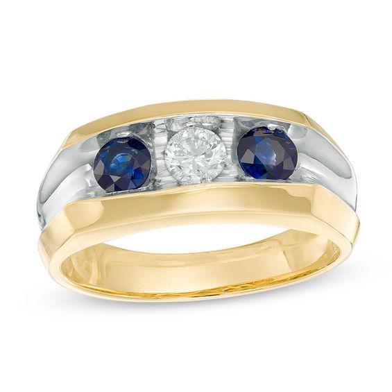 Men's Blue Sapphire and 1/3 CT. Diamond Three-Stone Ring in 10K Gold Product Image