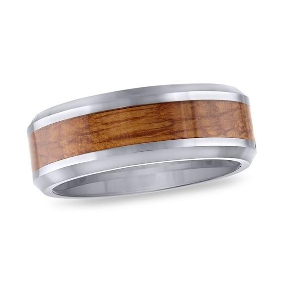 Men's 8.0mm Wood Inlay Beveled Edge Band in Tungsten Product Image