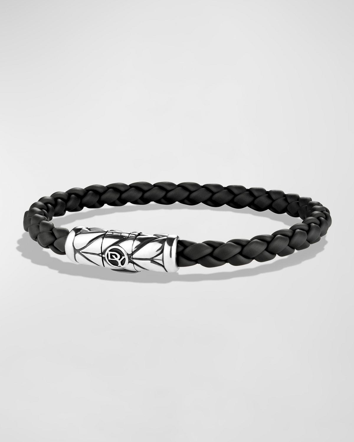 Mens Chevron Woven Bracelet in Black Rubber and Sterling Silver, 6mm Product Image