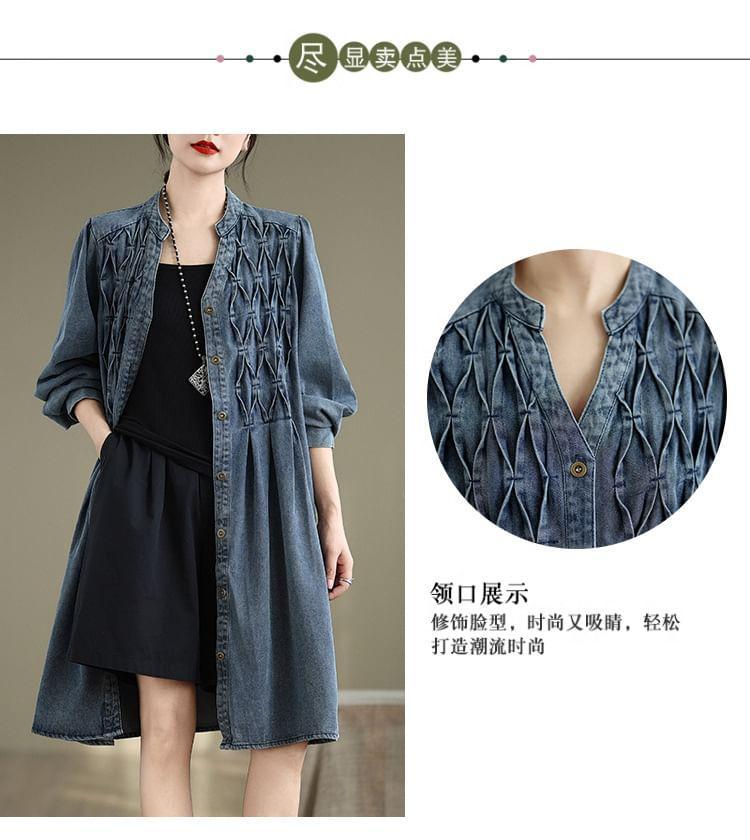 Long Sleeve Stand Collar Loose Denim Shirt Dress Product Image