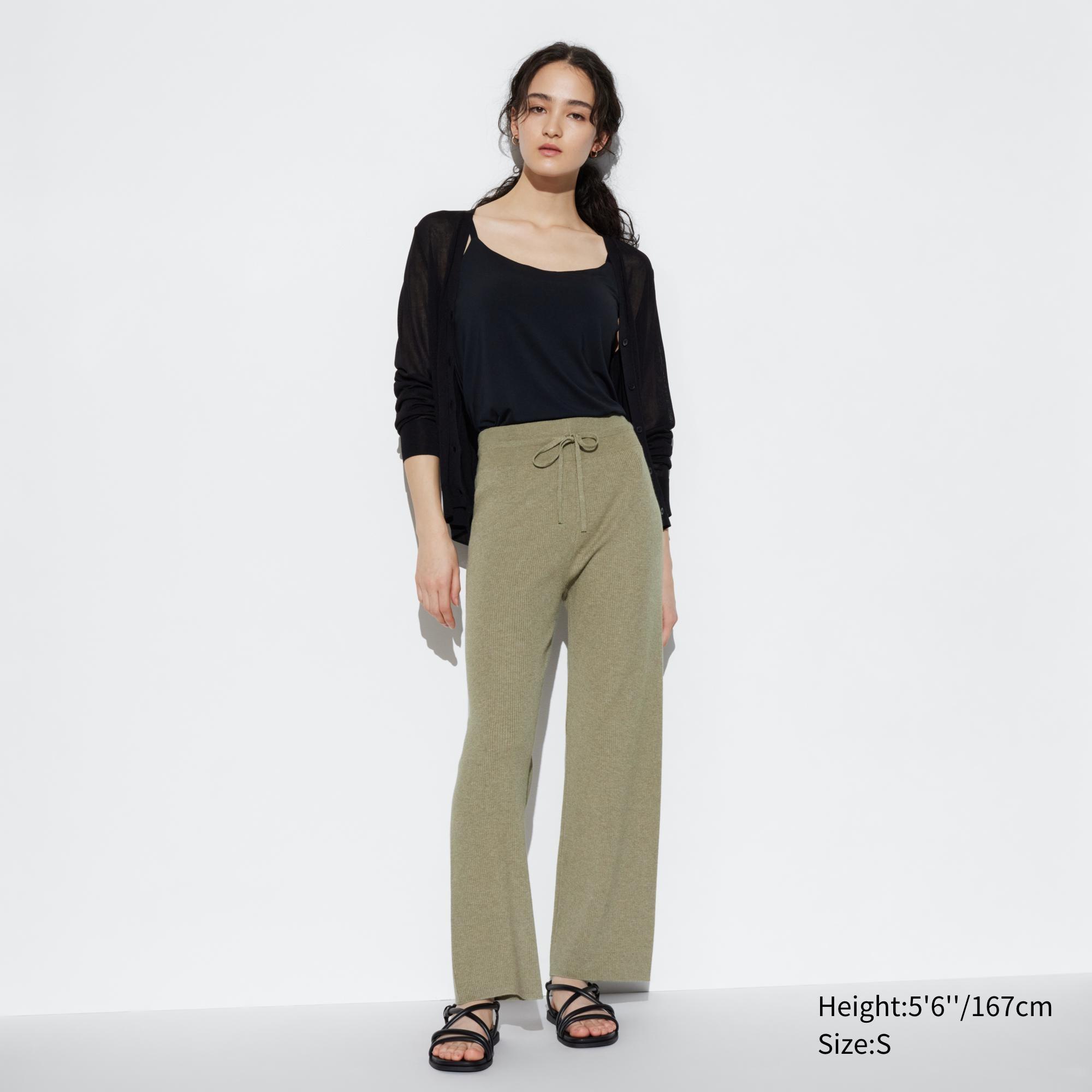 Womens Washable Knit Ribbed Pants Green Small UNIQLO US Product Image