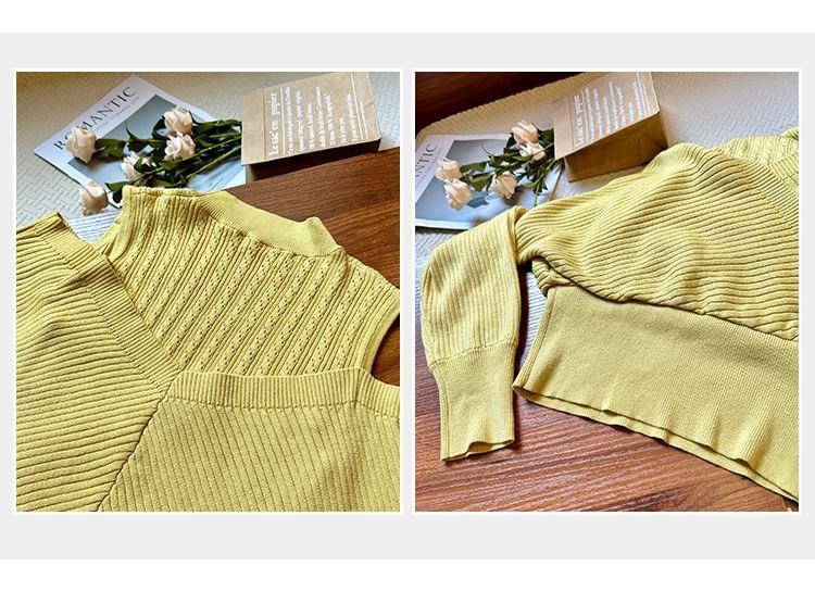 Cold-Shoulder Plain Ribbed Mock Two-Piece Sweater Product Image