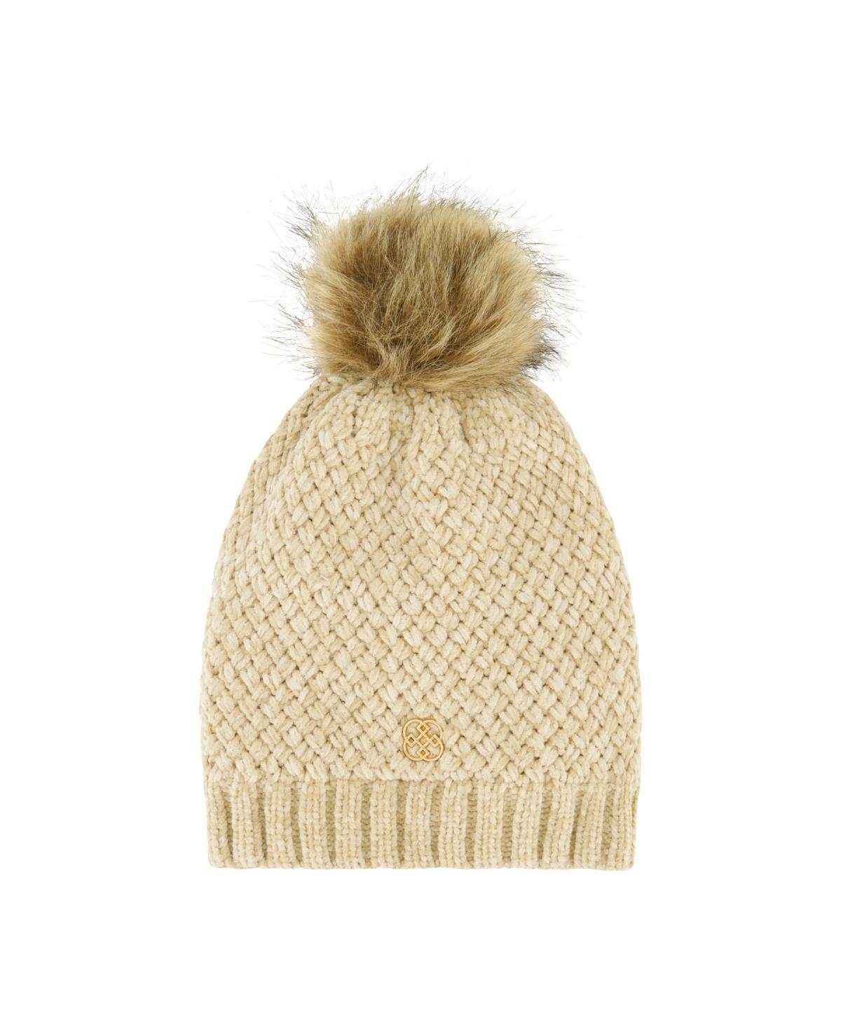 Daisy Fuentes Womens Cozy Cross Hatch Chenille Beanie with Faux Fur Pom and Plush Lining Product Image