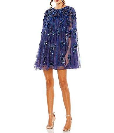 Mac Duggal Sequin Illusion Long Bell Sleeve Crew Neck Mini Dress Product Image