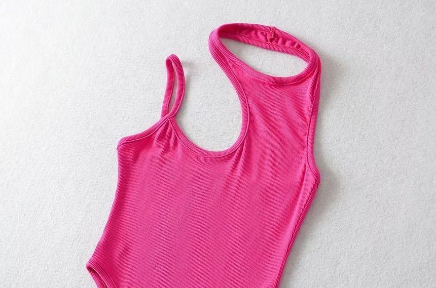 Asymmetrical Sleeveless Plain Bodysuit Top Product Image