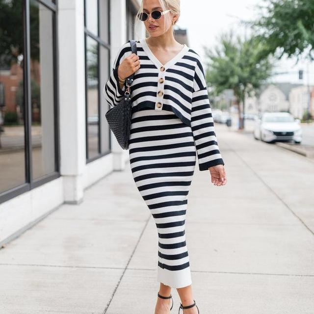 Feels Like Love Black and White Striped Dress and Cardigan Set Product Image