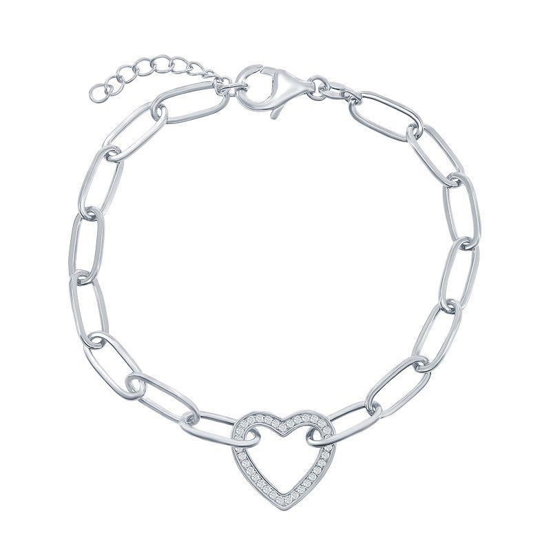 Cubic Zirconia Open Heart Paper Clip Bracelet, Womens White Product Image