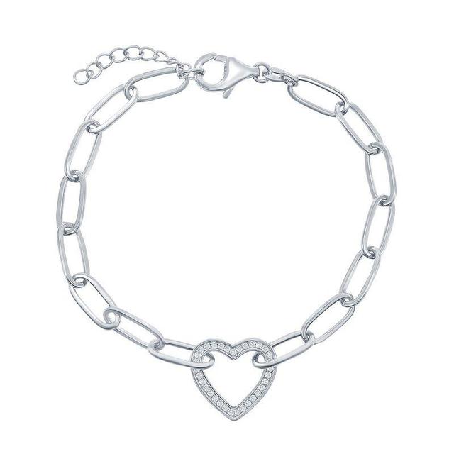 Cubic Zirconia Open Heart Paper Clip Bracelet, Womens Sterling Product Image