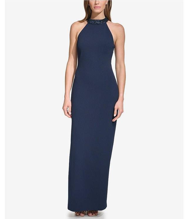 Vince Camuto Sleeveless Scuba Sequin Halter Neck Gown Product Image