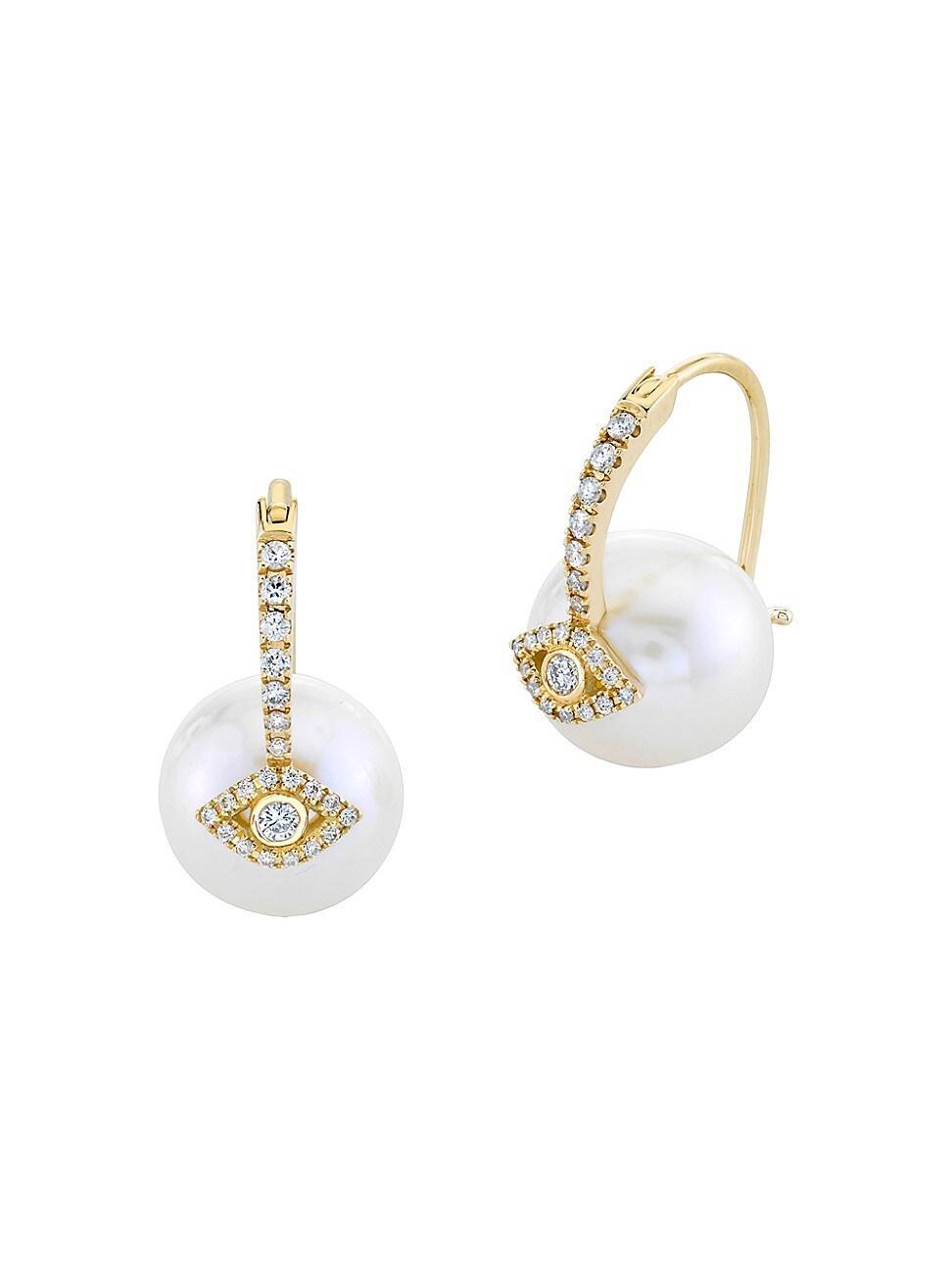 Womens 14K Yellow Gold, Freshwater Pearl & 0.21 TCW Diamond Evil Eye Drop Earrings Product Image