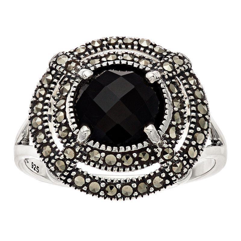 Lavish by TJM Sterling Silver Black Onyx & Marcasite Circle Ring, Womens Product Image