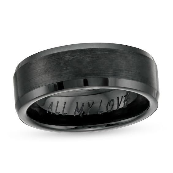 Men's 8.0mm Engravable Multi-Finish Beveled Edge Wedding Band in Black Ceramic (1 Line) Product Image