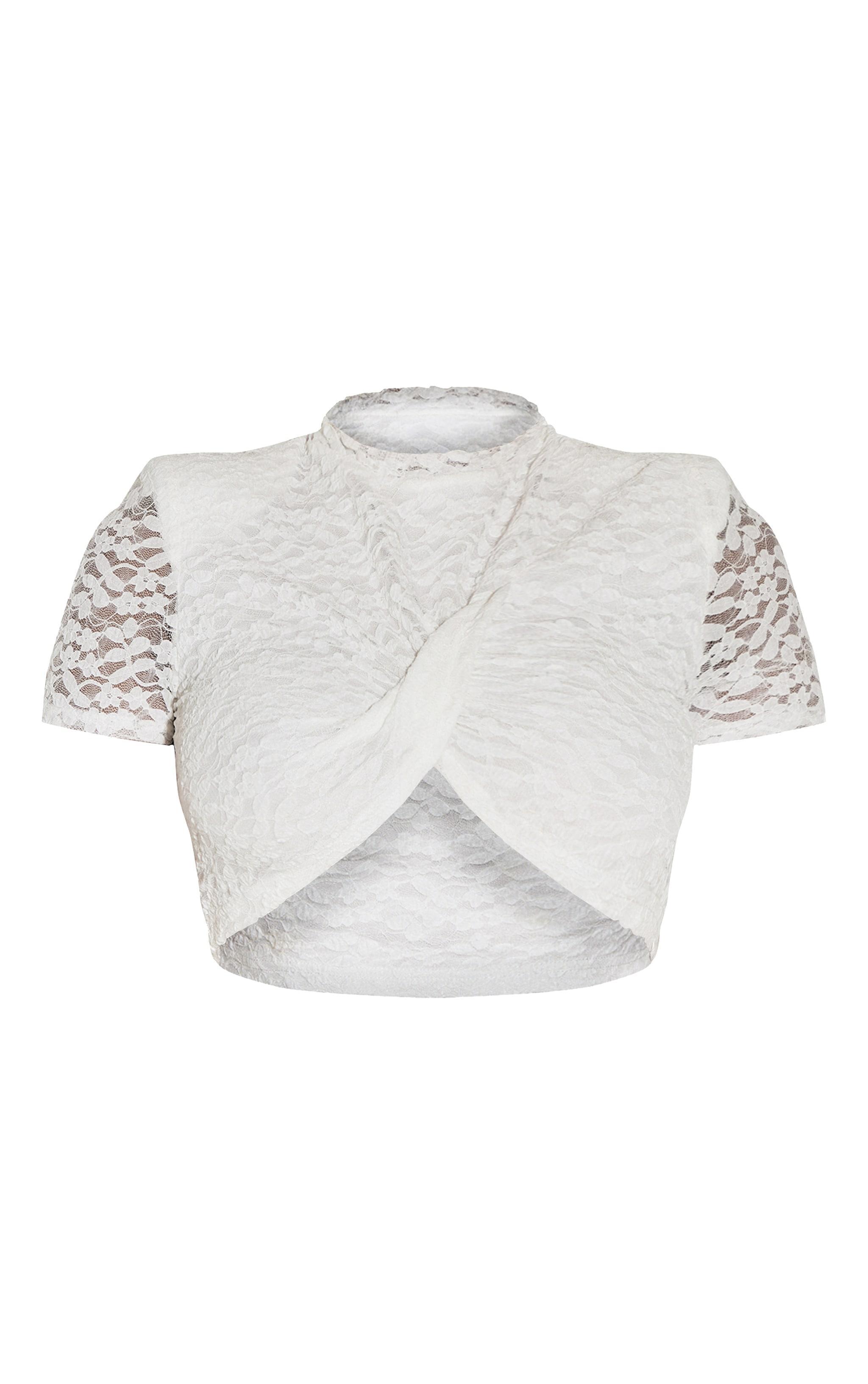 Shape White Lace Textured Shoulder Pad Cropped Top Product Image