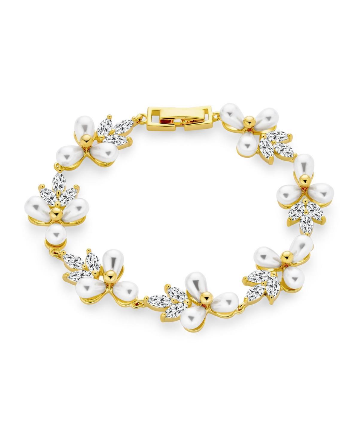 Bling Jewelry Multi Flowers Cz Leaf White Freshwater Cultured Pearl Bracelet For Women 18K Gold Plated 7 Inch Product Image