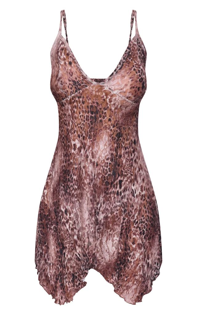 Brown Leopard Print Crinkle Mesh Halterneck Ruched Mini Dress Product Image