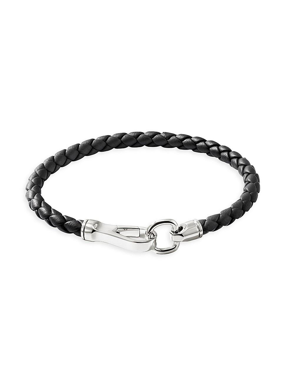 Mens Braided Leather & Sterling Silver Cord Bracelet Product Image