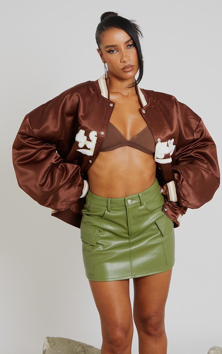 Khaki Faux Leather Cargo Micro Mini Skirt Product Image