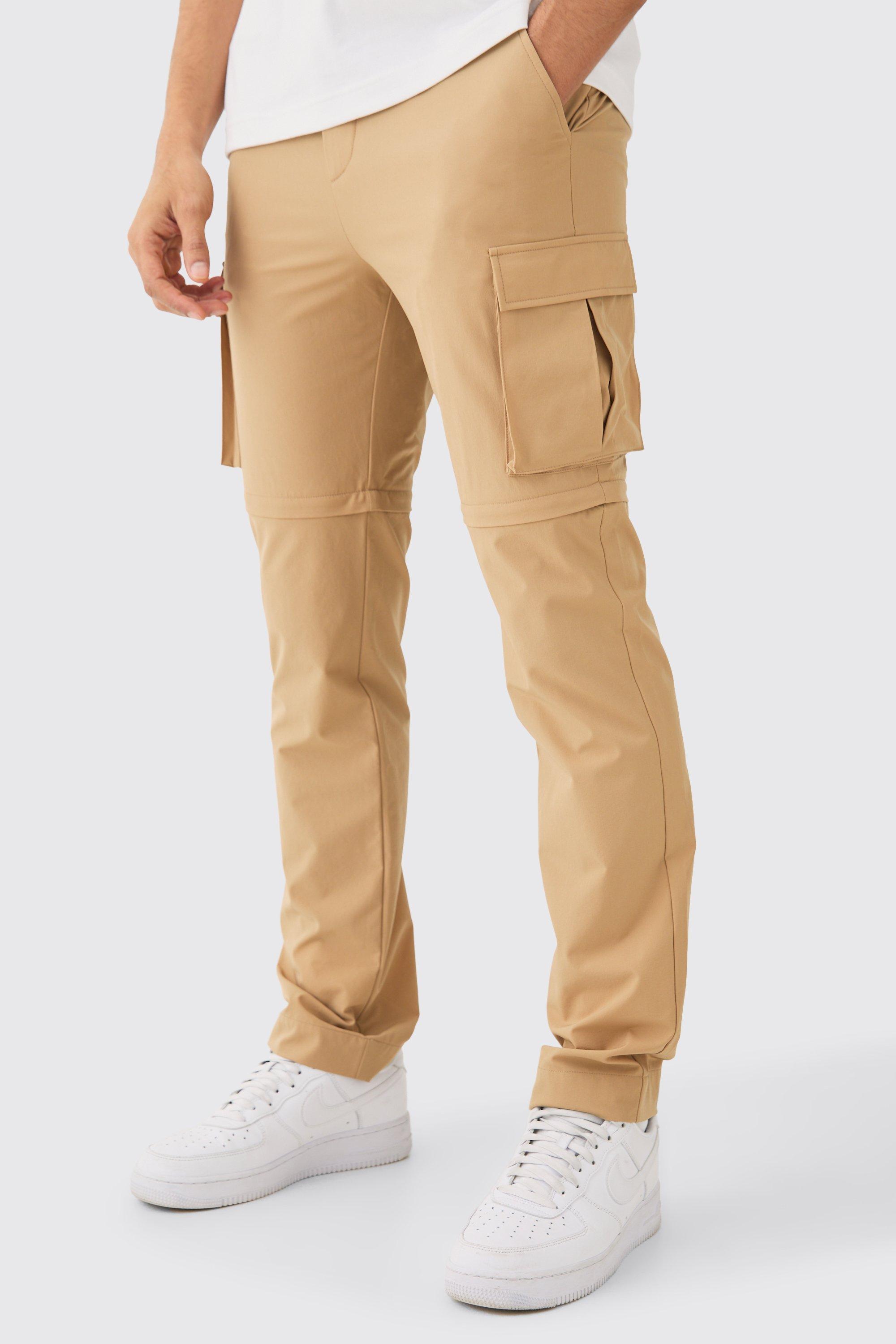 Mens Beige Technical Stretch Zip Off Hybrid Skinny Cargo Trousers, Beige Product Image