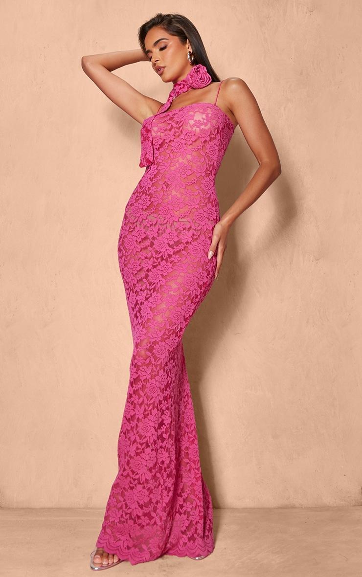 Hot Pink Lace Maxi Dress Product Image