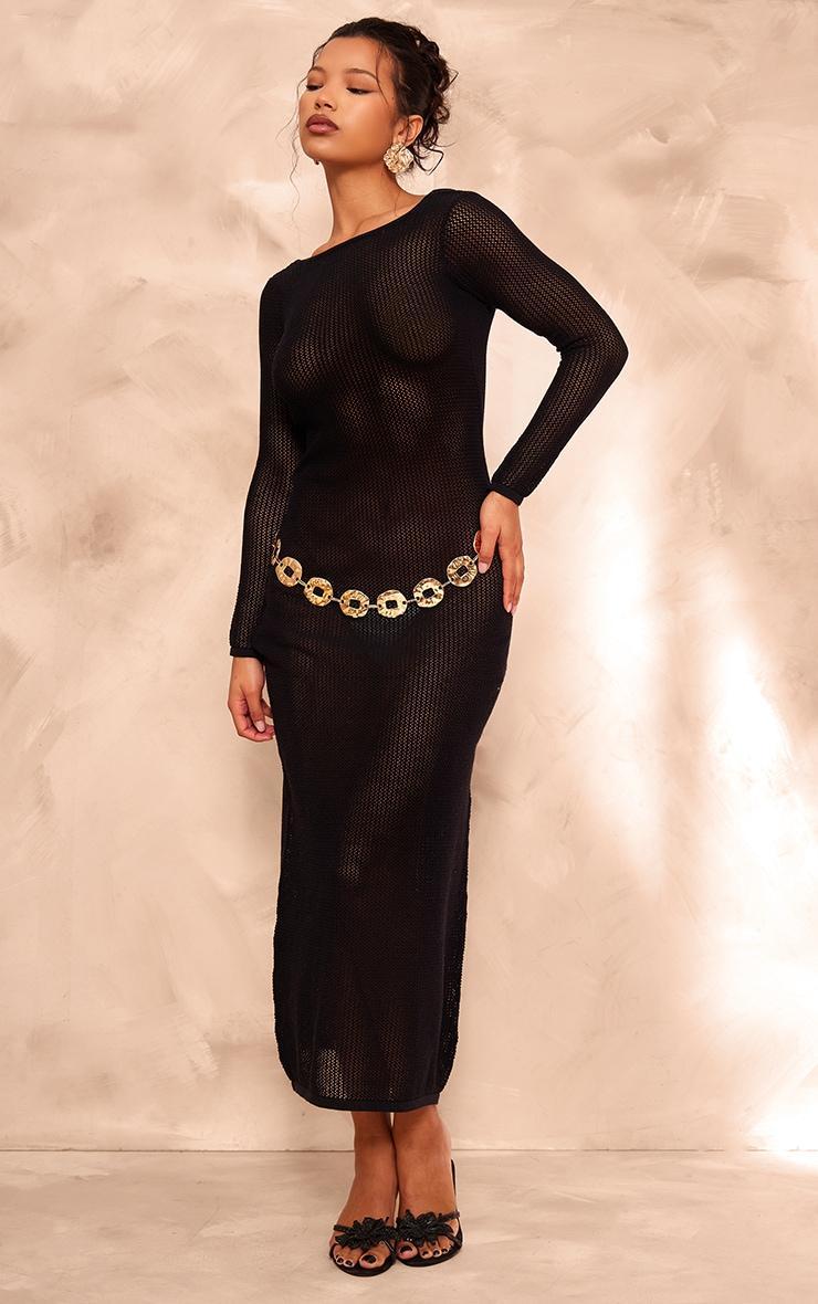 Black Basic Crochet Knit Open Back Maxi Dress Product Image