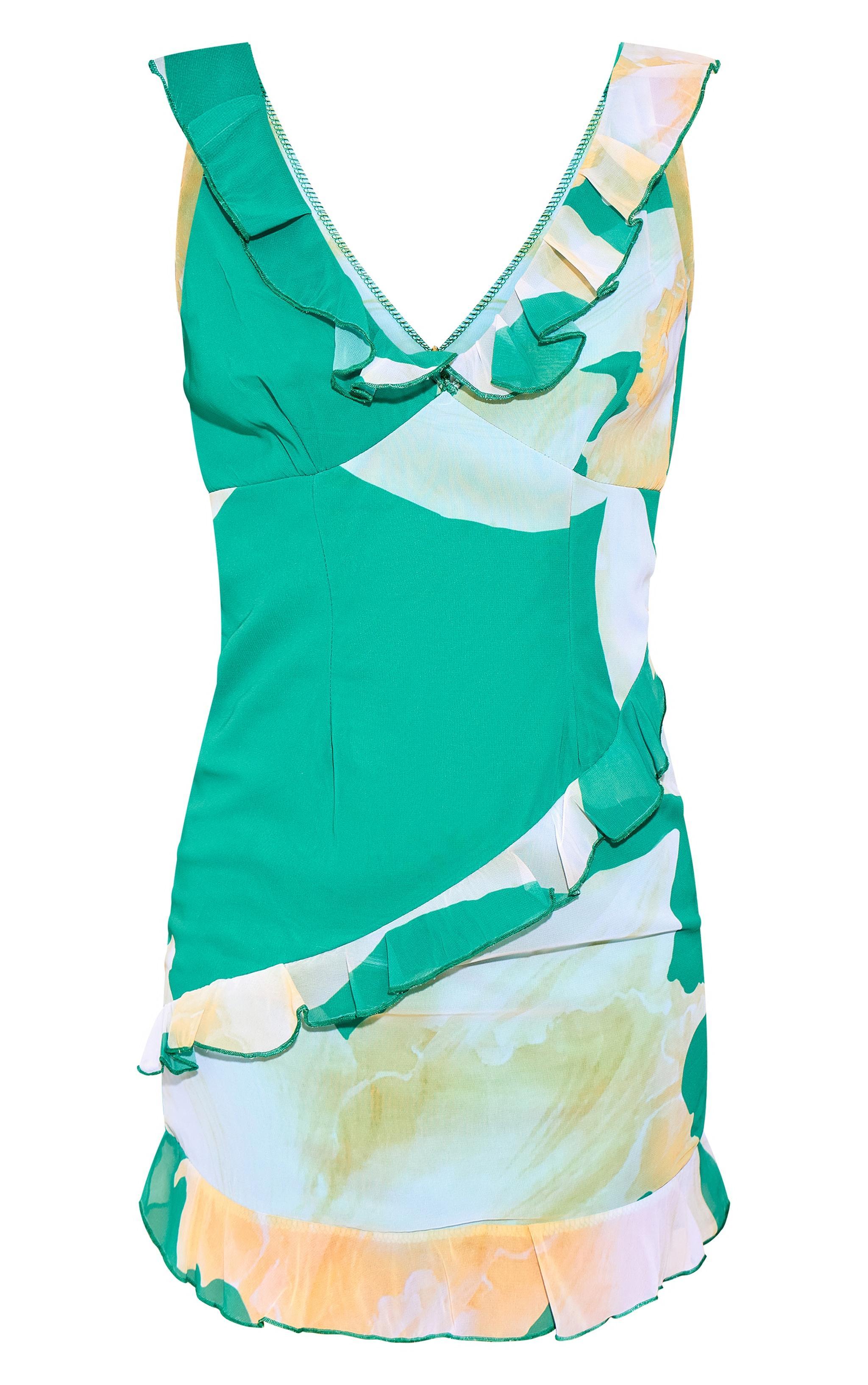 Green Abstract Floral Printed Frill Detail Chiffon Mini Dress Product Image