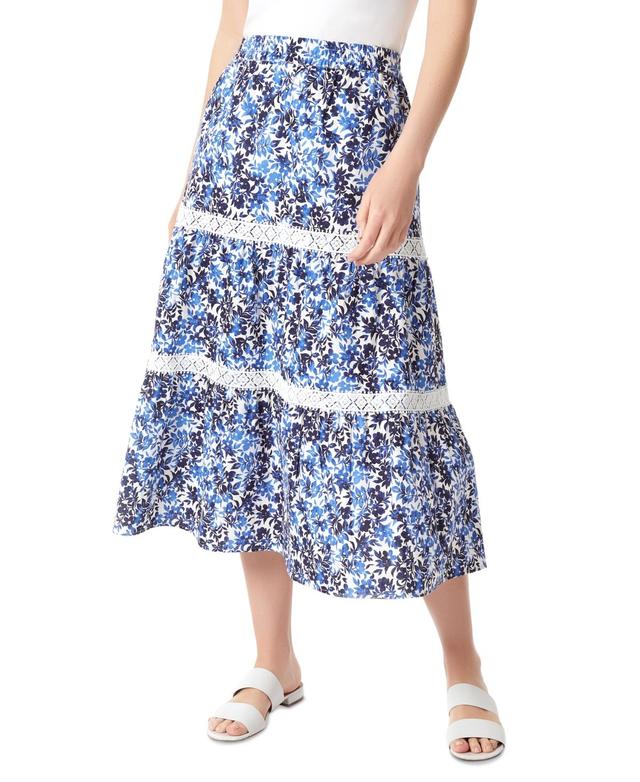 Jones New York Womens Floral-Print Lace-Trimmed Tiered Pull-On Midi Skirt - NYC White Product Image