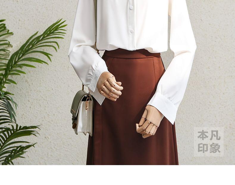 Long Sleeve Band Collar Plain Shirt Product Image