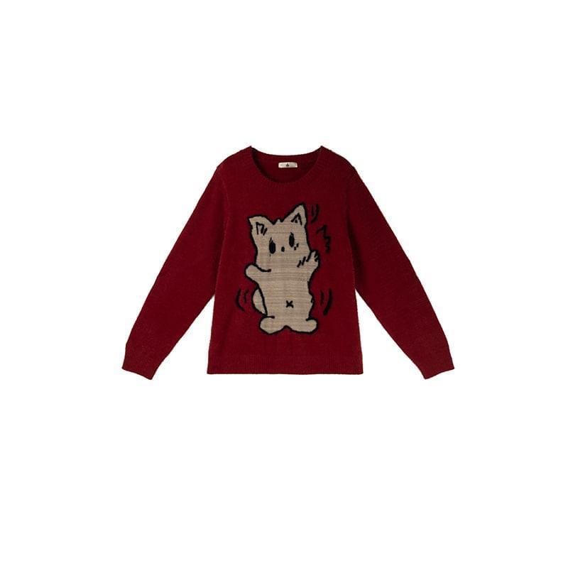 Plus Size Crewneck Cat Jacquard Sweater Product Image