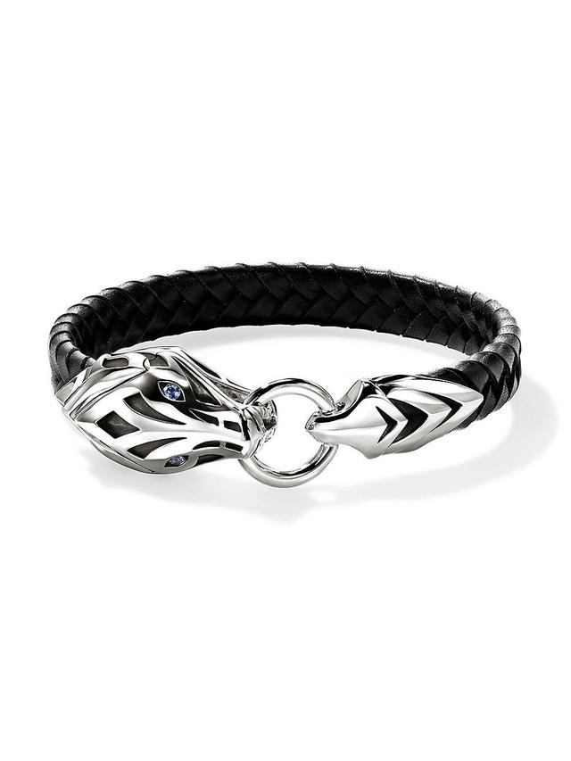 Mens Naga Sterling Silver, Leather & Blue Sapphire Bracelet Product Image