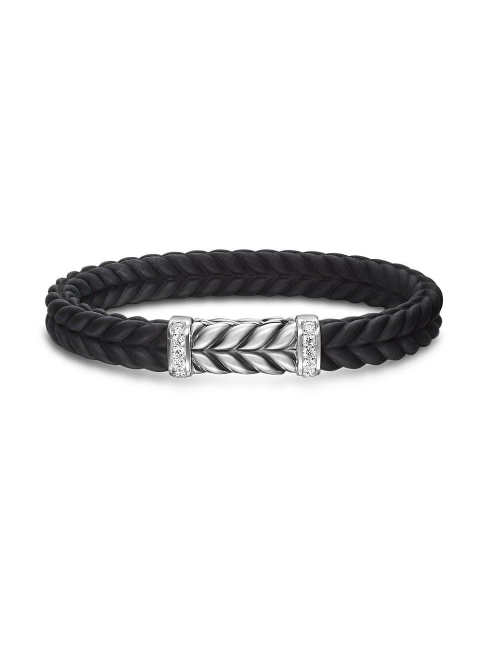 Men's Chevron Black Rubber Bracelet with Silver and Diamonds, 9mm Product Image