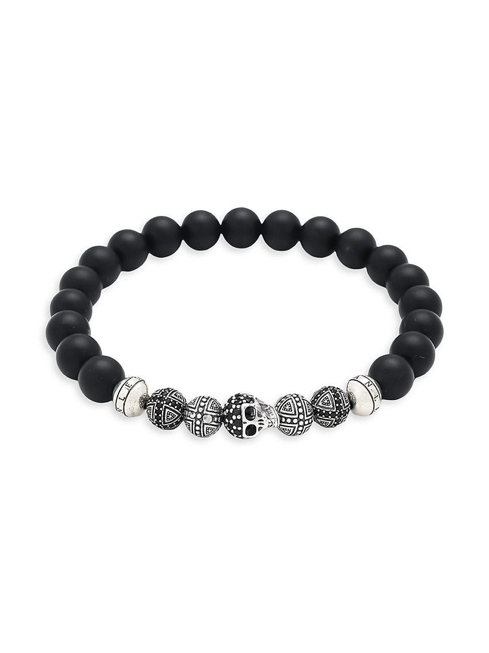 Mens Black Agate Beaded Bracelet with Crystal Pave Skull Product Image