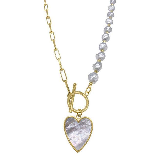 Imitation Pearl and Chain Heart Toggle Necklace - Yellow Gold-Tone Product Image