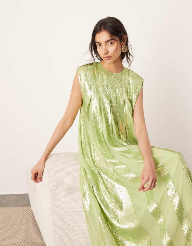 ASOS EDITION embellished allover sequin pleat maxi dress in green Product Image