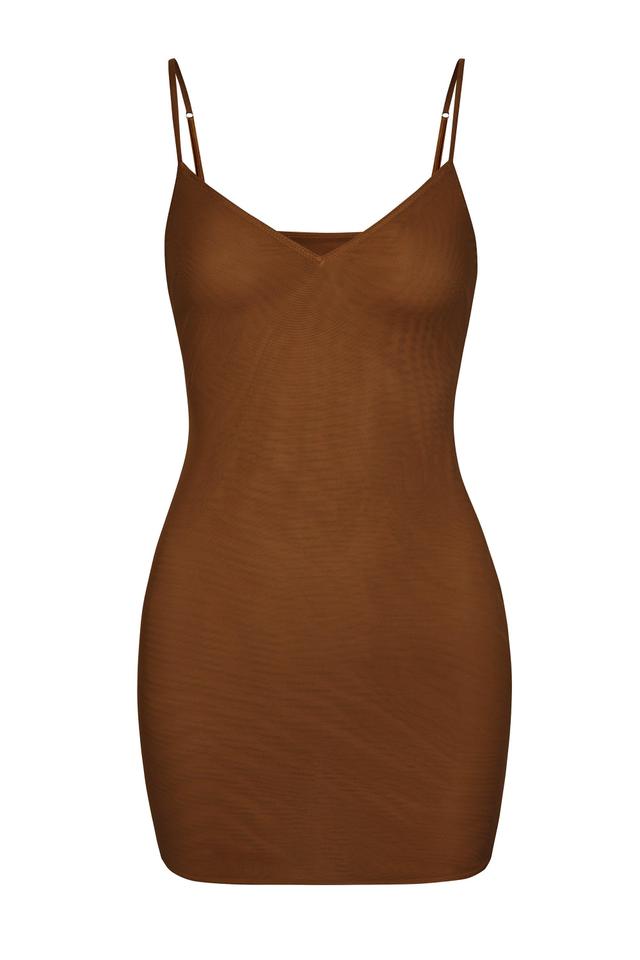 Soft Mesh V-Neck Mini Slip Dress in Chestnut Product Image