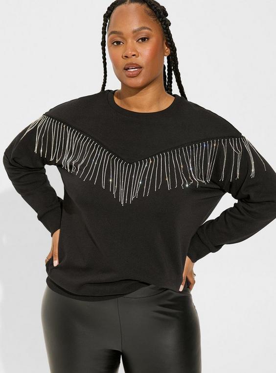 Cozy Fleece Crew Neck Drop Shoulder Rhinestone Fringe Sweatshirt Product Image