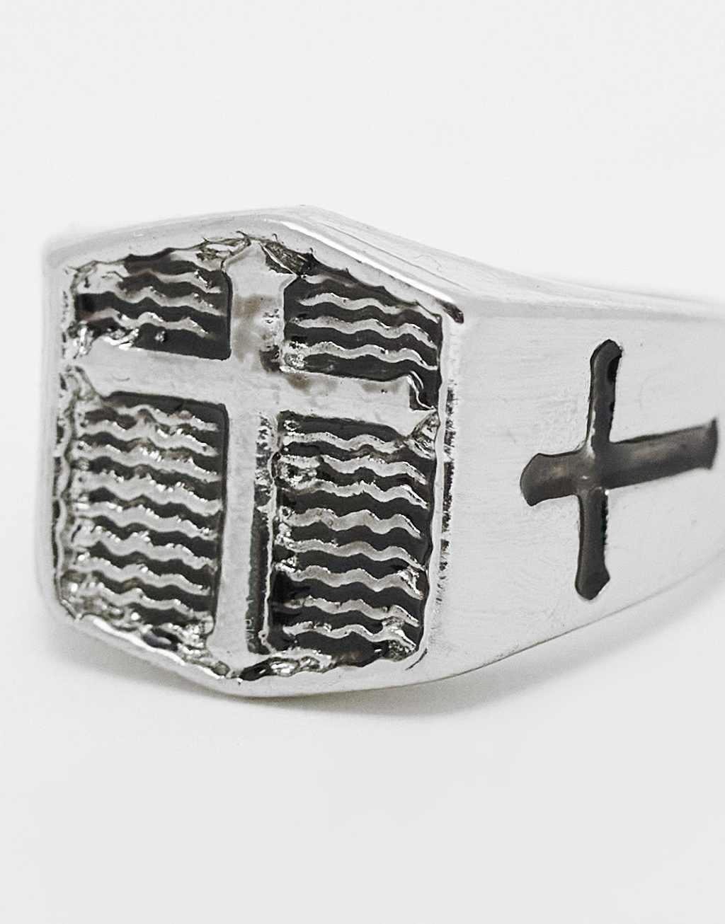 ASOS DESIGN signet ring with cross in burnished silver Product Image