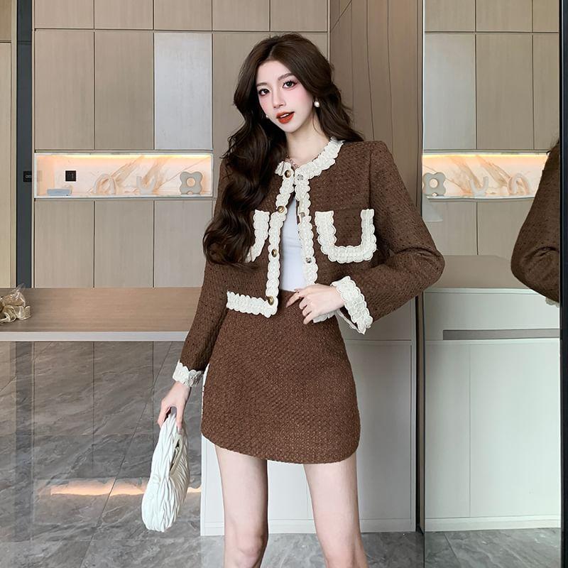 Set: Lace Trim Button-Up Jacket + High Rise Tweed Mini A-Line Skirt Product Image