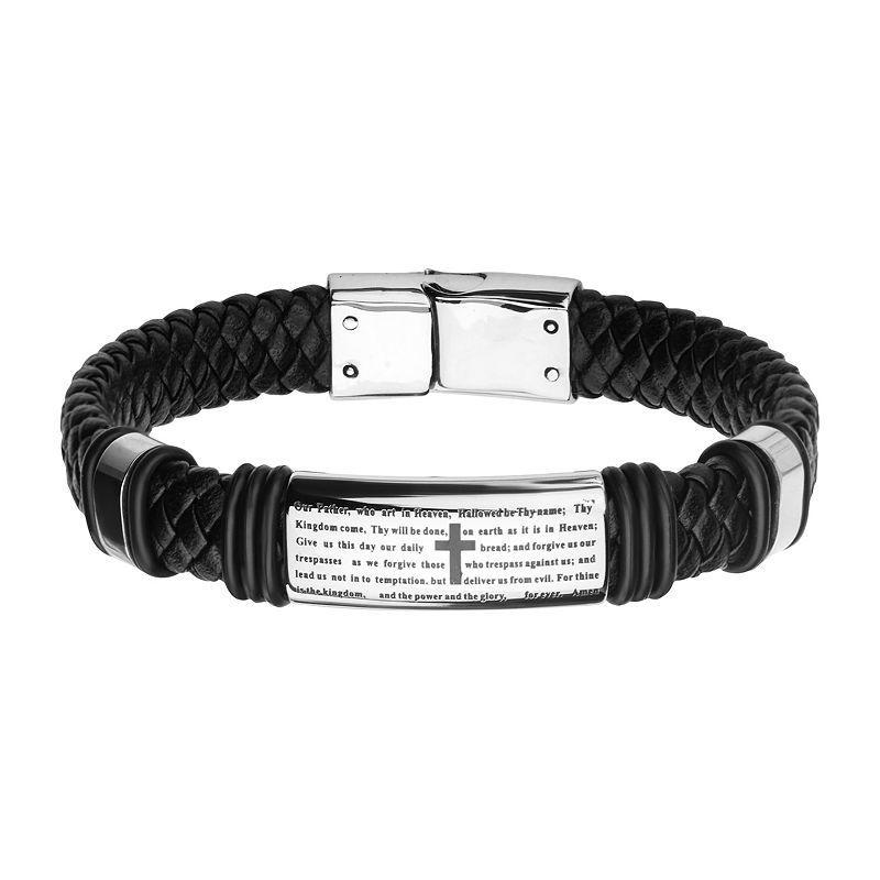 Mens Stainless Steel Black Leather The Lords Prayer ID Bracelet Product Image