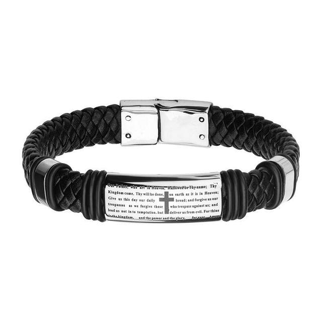 Mens Stainless Steel Black Leather The Lords Prayer ID Bracelet Product Image